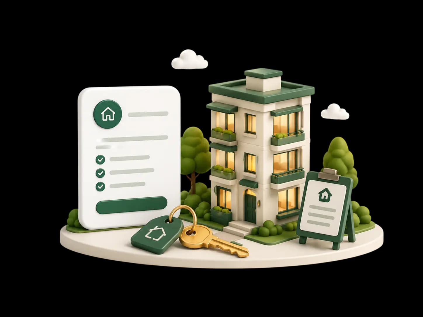 3D student housing scene with a home, keys and listing details