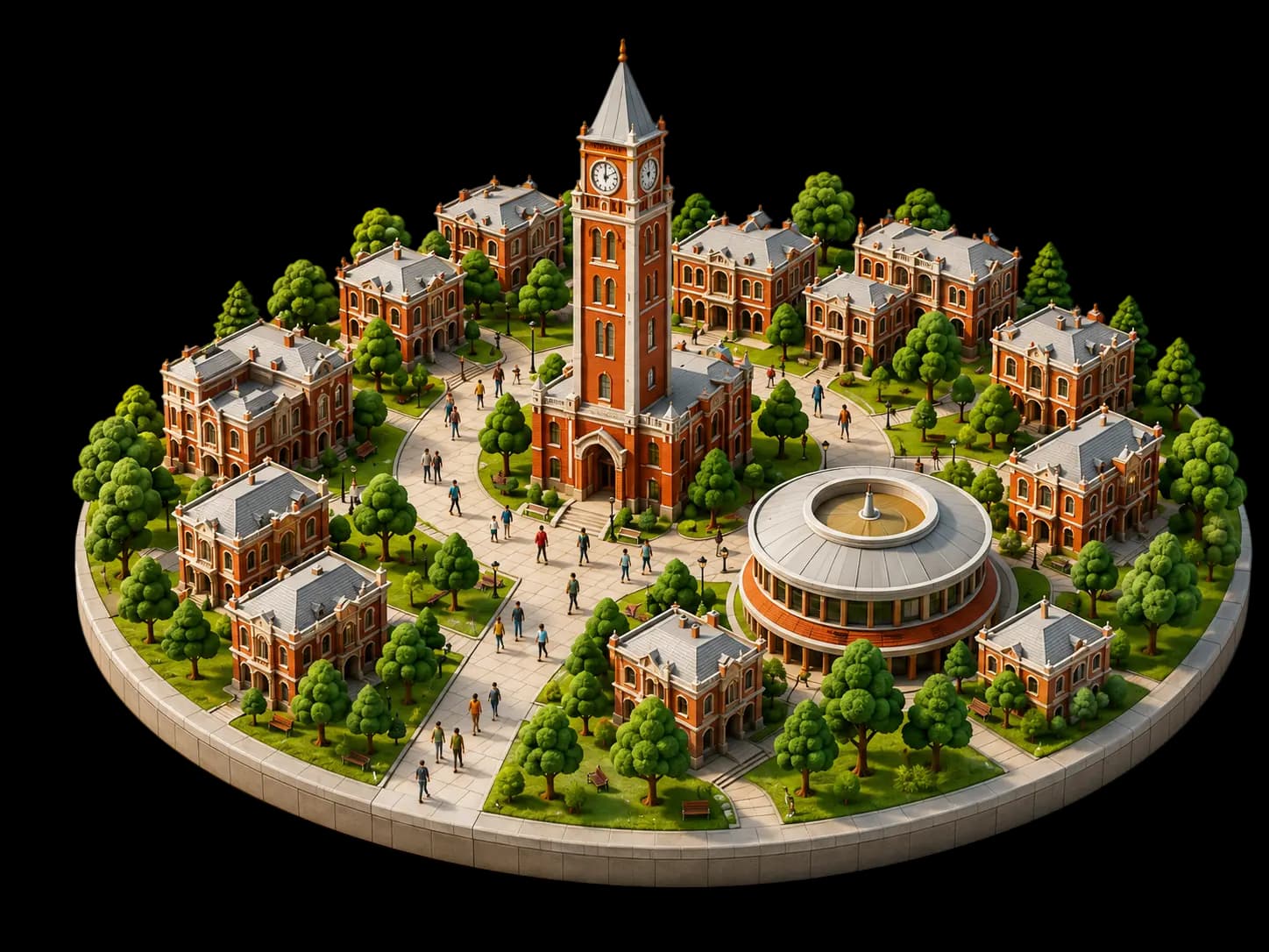 Grounded circular Delhi University campus with a central clock tower and auditorium
