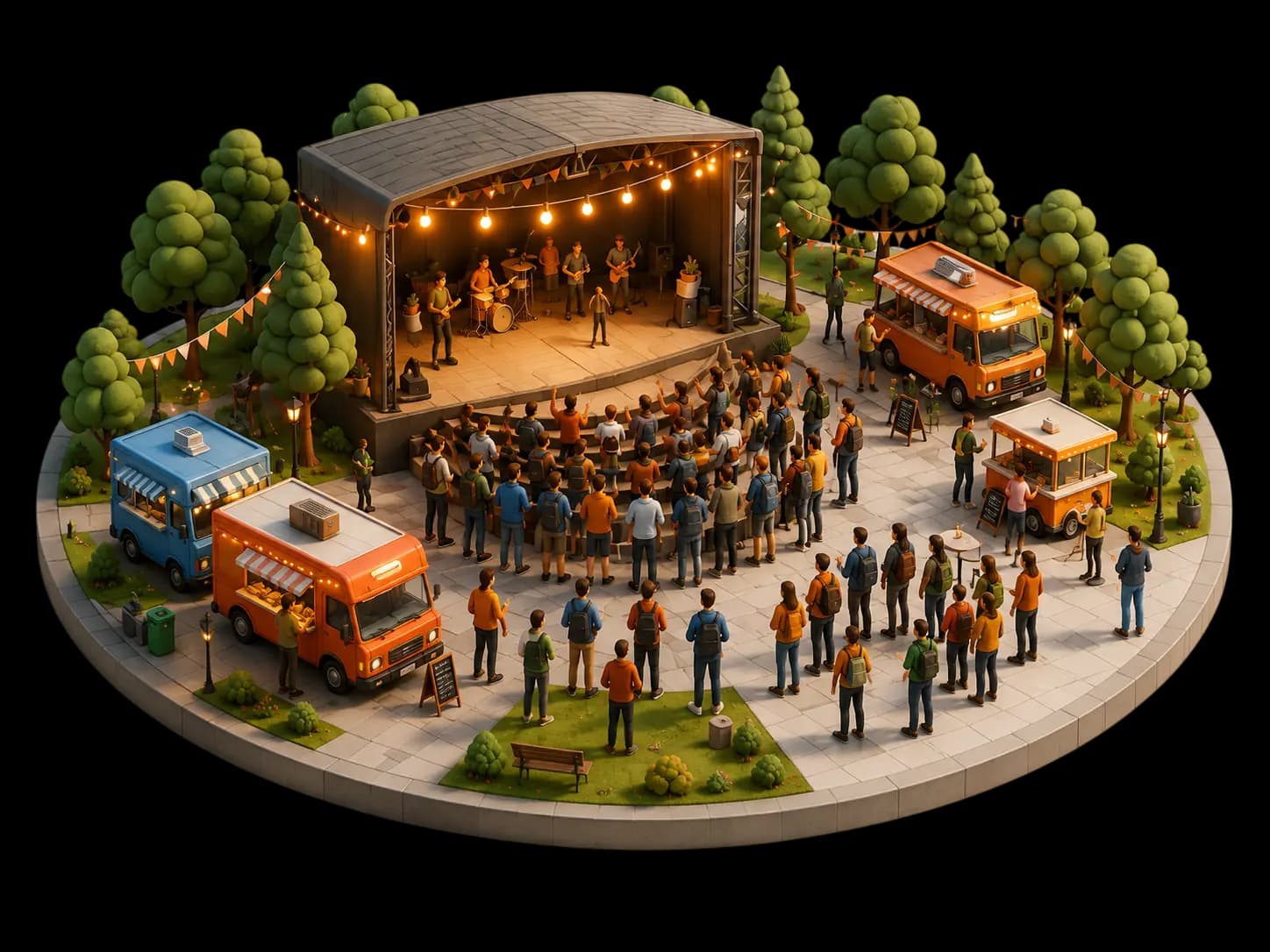 Isometric campus event with a lit stage, audience, food trucks and trees