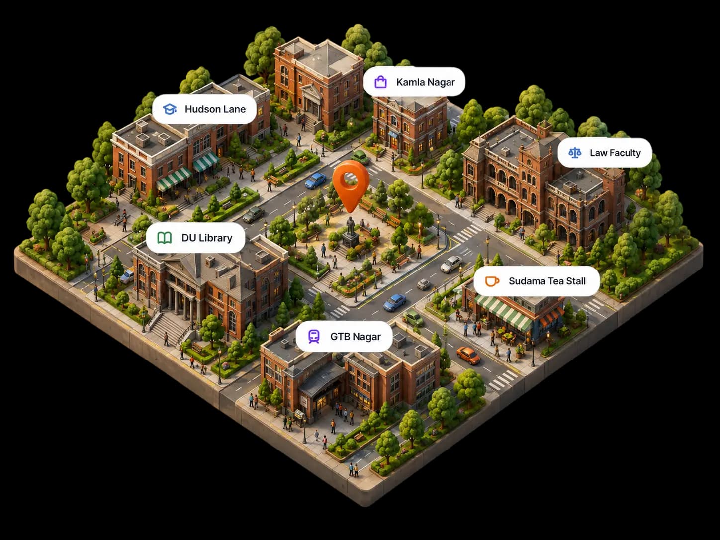 North Campus map with an orange location pin and labelled student destinations