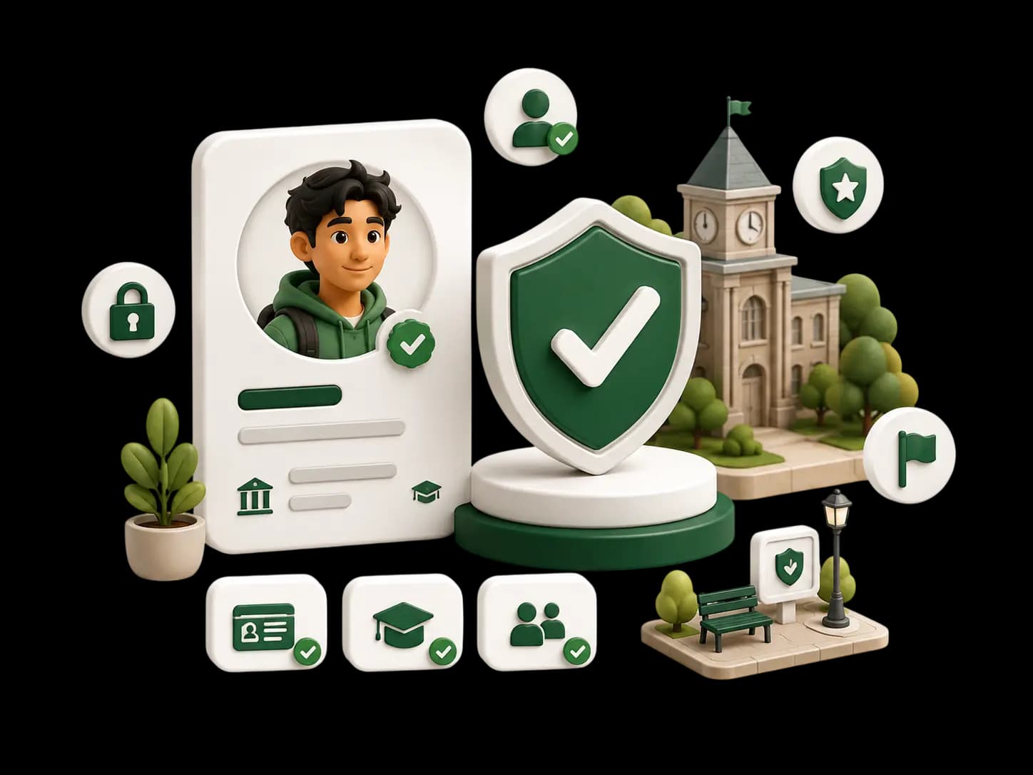 Verified student profile, trust shield, identity badges, reporting and moderation