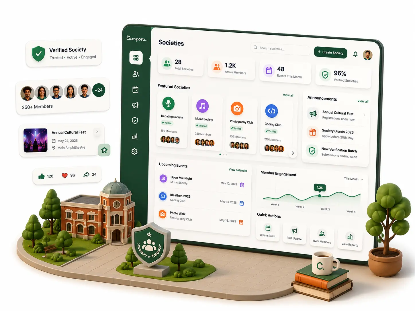Society profile management with members, events, announcements and verification
